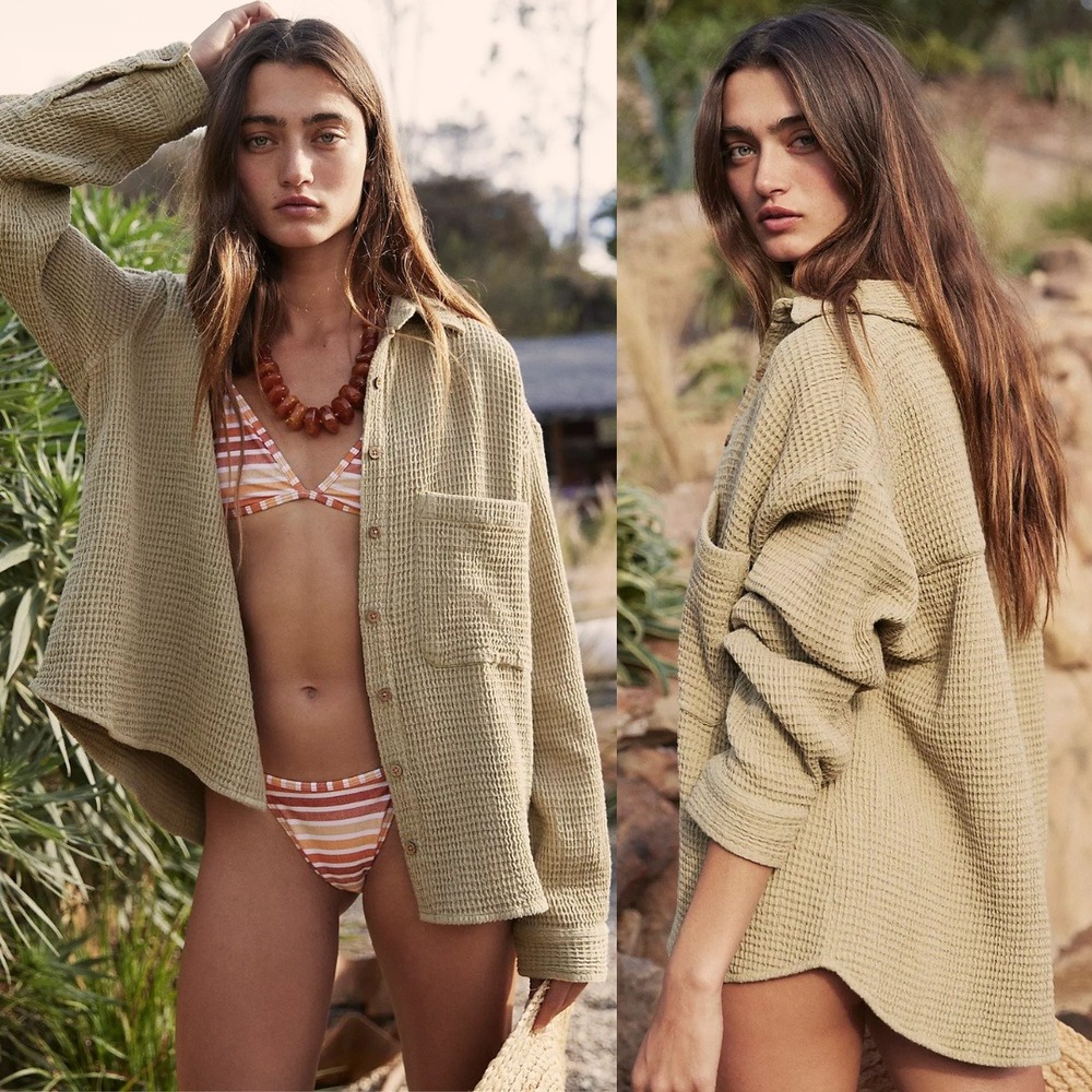 Free People | 100% Cotton Serious Chiller Waffle Button Down in Curly Willow - Picture 2 of 6